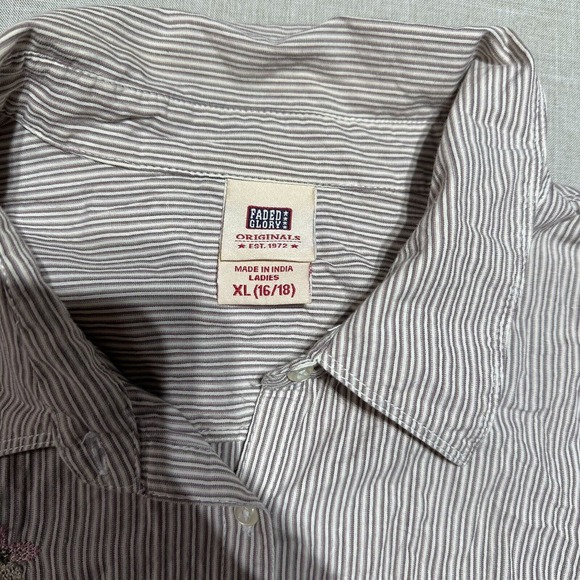 Faded Glory Womens White Pink Floral Striped Button Long sleeve shirt Size XL - Picture 2 of 10